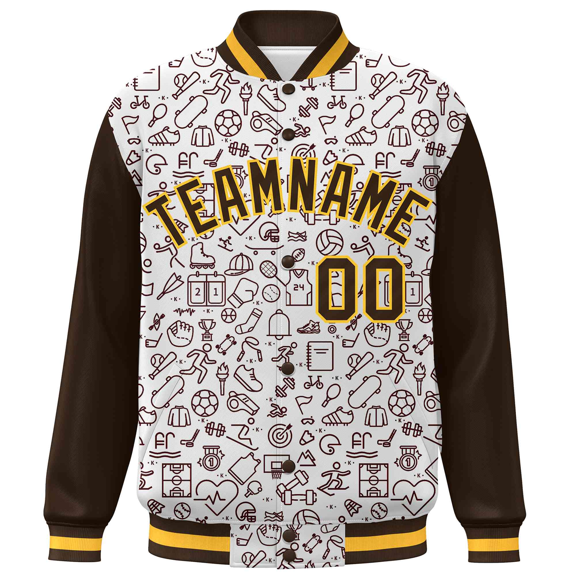 Custom White Brown Line Graffiti Pattern Varsity Raglan Sleeves Letterman Baseball Jacket