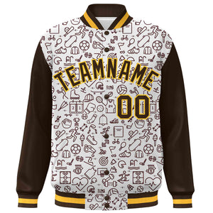 Custom White Brown Line Graffiti Pattern Varsity Raglan Sleeves Letterman Baseball Jacket