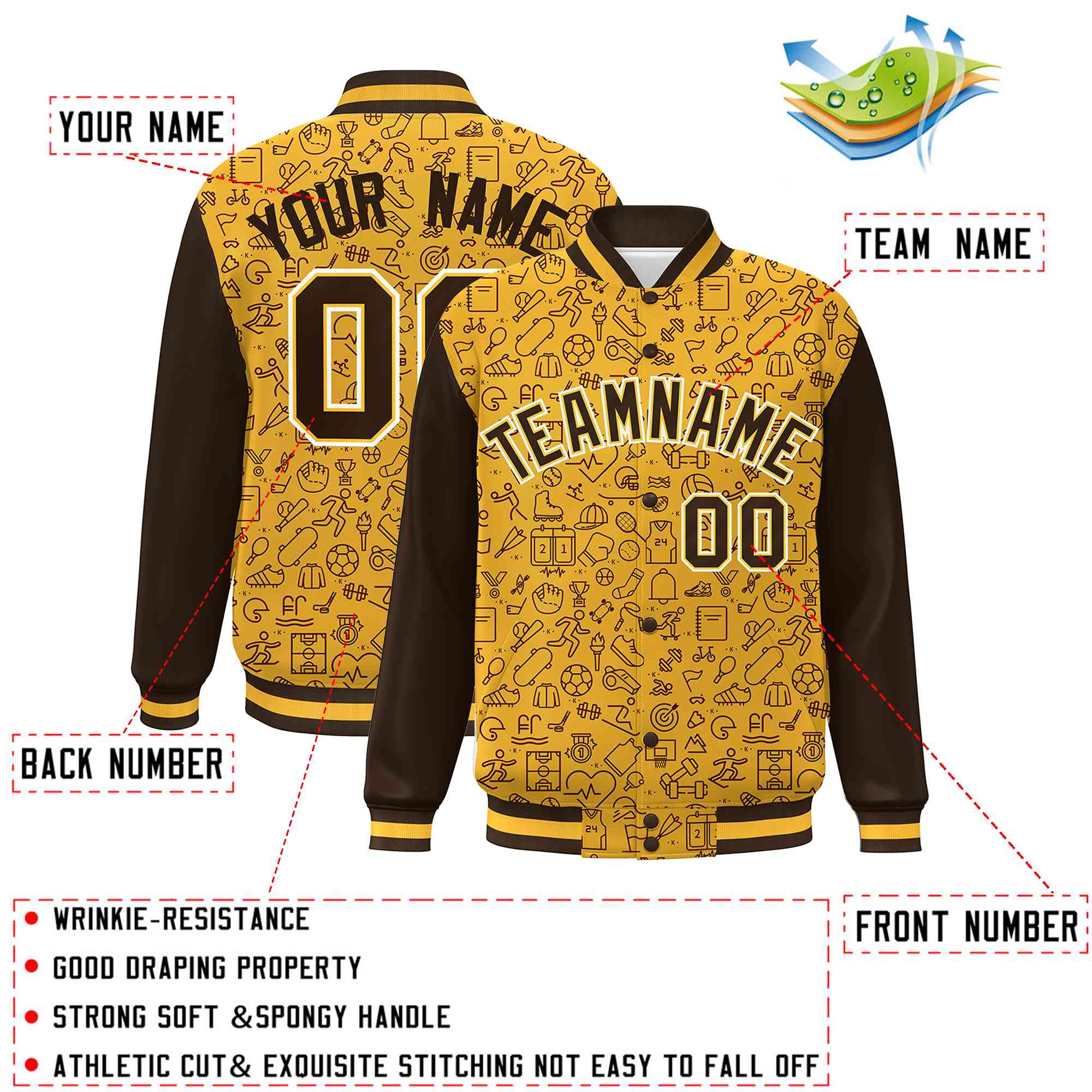 Custom Gold Brown Line Graffiti Pattern Varsity Raglan Sleeves Letterman Baseball Jacket