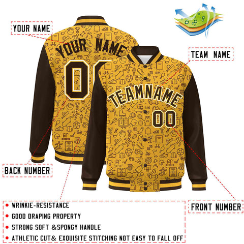 Custom Gold Brown Line Graffiti Pattern Varsity Raglan Sleeves Letterman Baseball Jacket