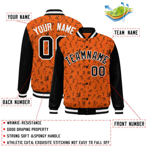 Custom Orange Black Graffiti Pattern Varsity Raglan Sleeves Letterman Baseball Jacket