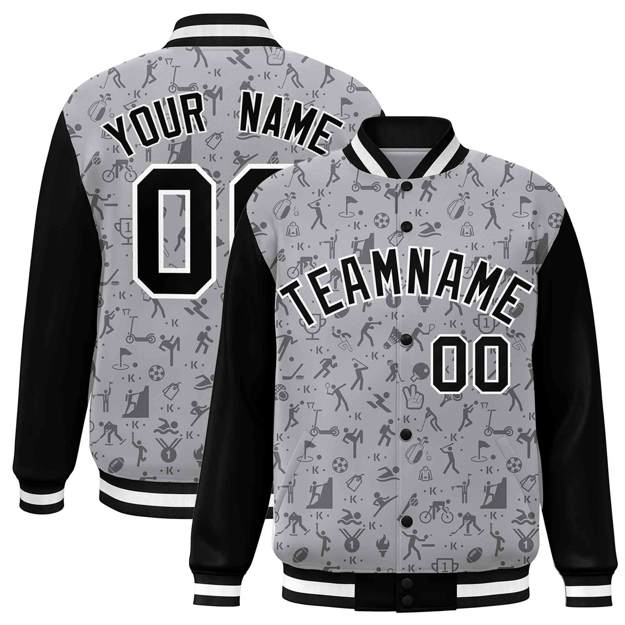 Custom Gray Black Graffiti Pattern Varsity Raglan Sleeves Letterman Baseball Jacket