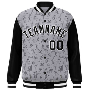 Custom Gray Black Graffiti Pattern Varsity Raglan Sleeves Letterman Baseball Jacket