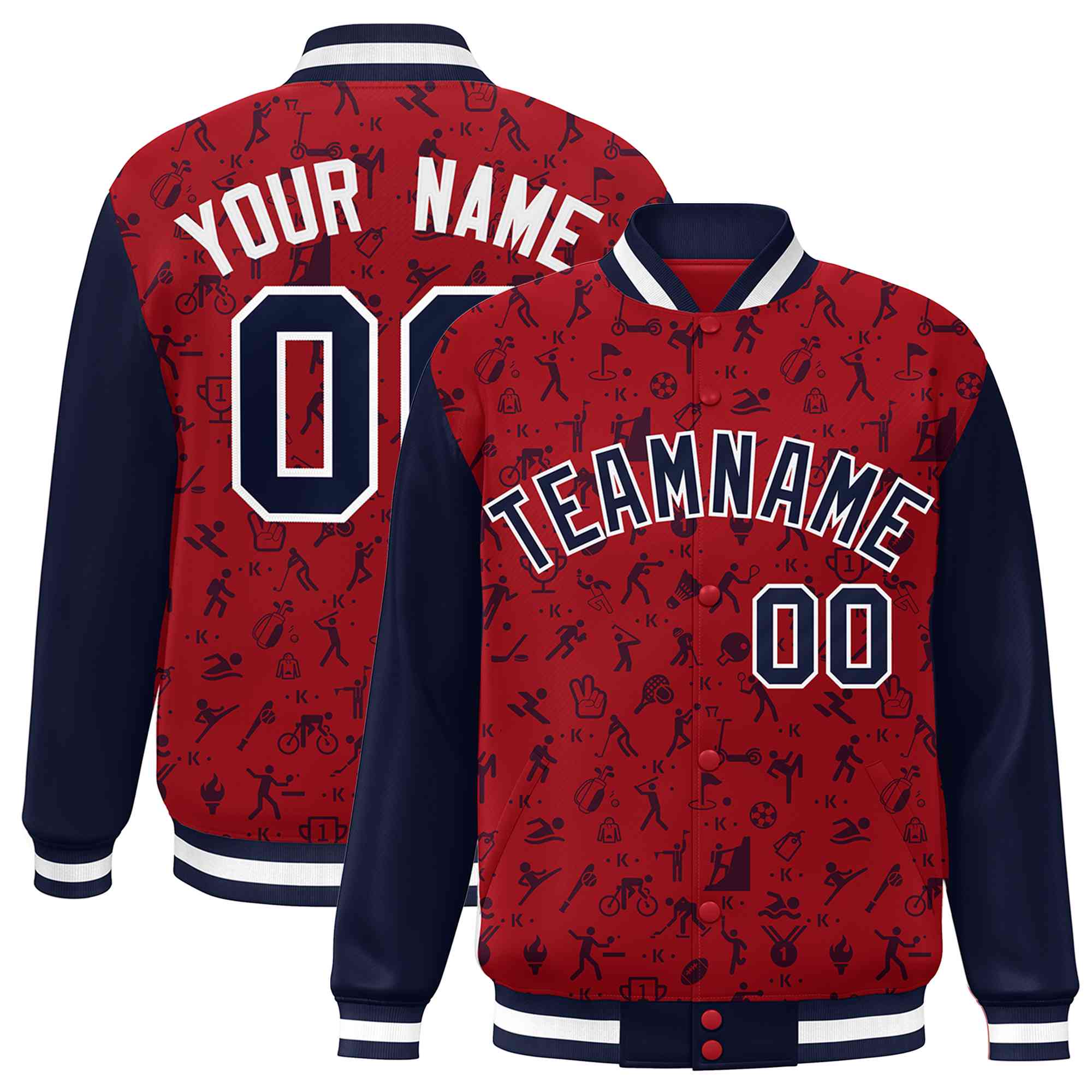 Custom Red Navy Graffiti Pattern Varsity Raglan Sleeves Letterman Baseball Jacket