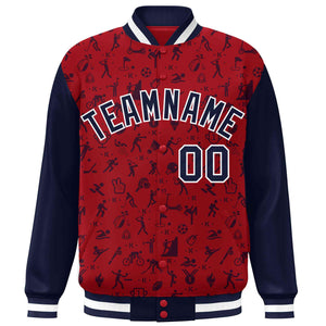 Custom Red Navy Graffiti Pattern Varsity Raglan Sleeves Letterman Baseball Jacket