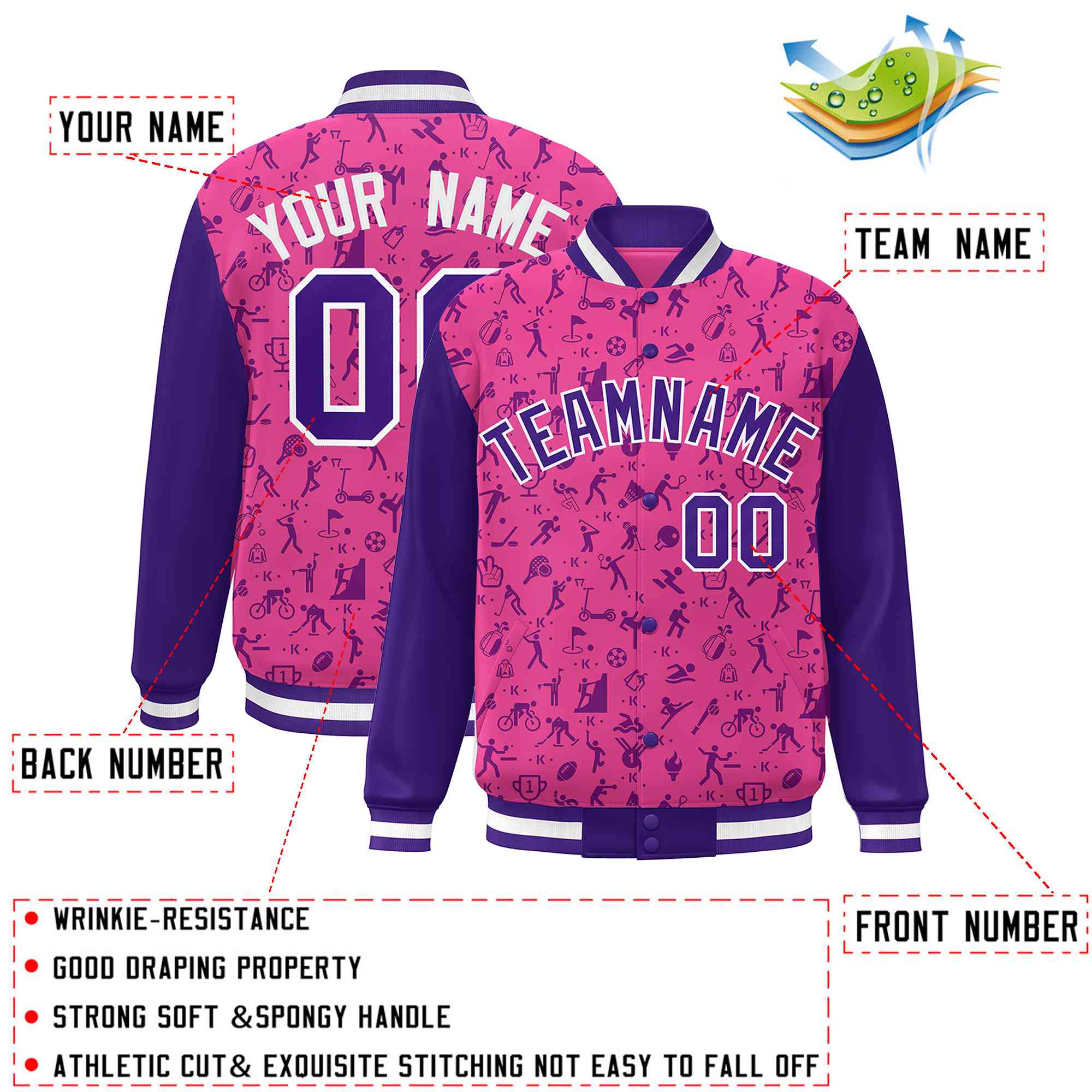 Custom Pink Purple Graffiti Pattern Varsity Raglan Sleeves Letterman Baseball Jacket