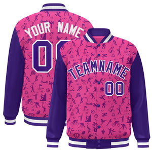 Custom Pink Purple Graffiti Pattern Varsity Raglan Sleeves Letterman Baseball Jacket