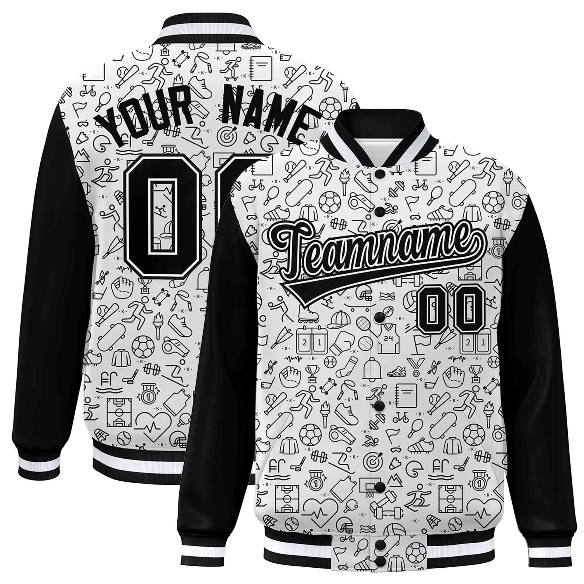 Custom White Black Line Graffiti Pattern Varsity Raglan Sleeves Letterman Baseball Jacket