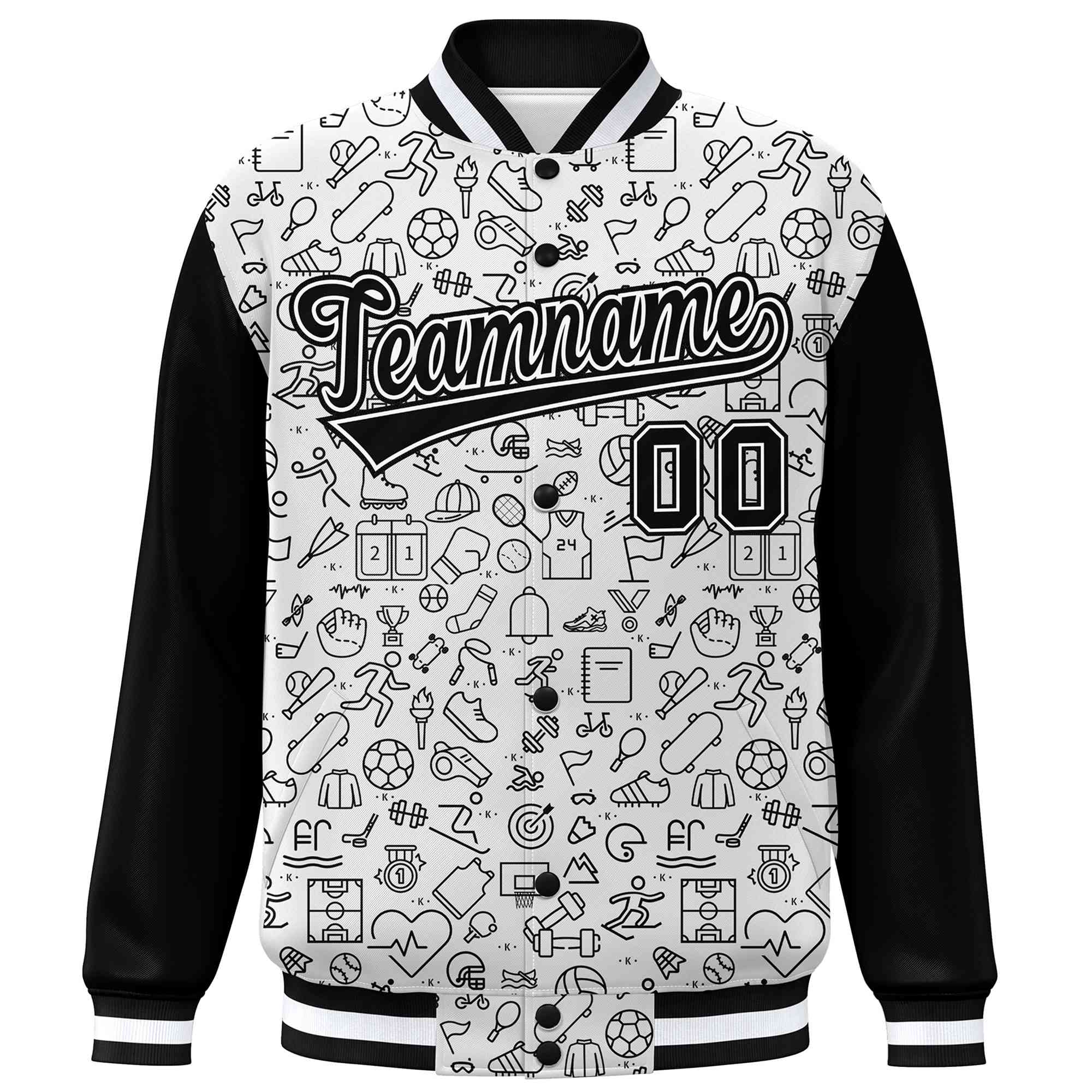 Custom White Black Line Graffiti Pattern Varsity Raglan Sleeves Letterman Baseball Jacket