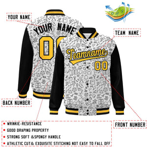 Custom White Black-Gold Line Graffiti Pattern Varsity Raglan Sleeves Letterman Baseball Jacket