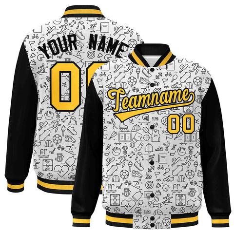 Custom White Black-Gold Line Graffiti Pattern Varsity Raglan Sleeves Letterman Baseball Jacket