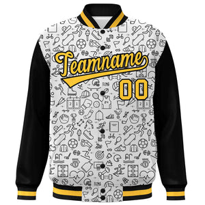 Custom White Black-Gold Line Graffiti Pattern Varsity Raglan Sleeves Letterman Baseball Jacket