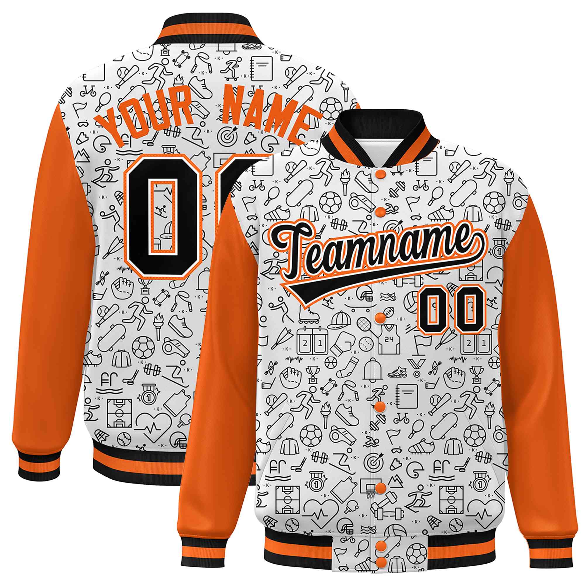 Custom White Orange-Black Line Graffiti Pattern Varsity Raglan Sleeves Letterman Baseball Jacket