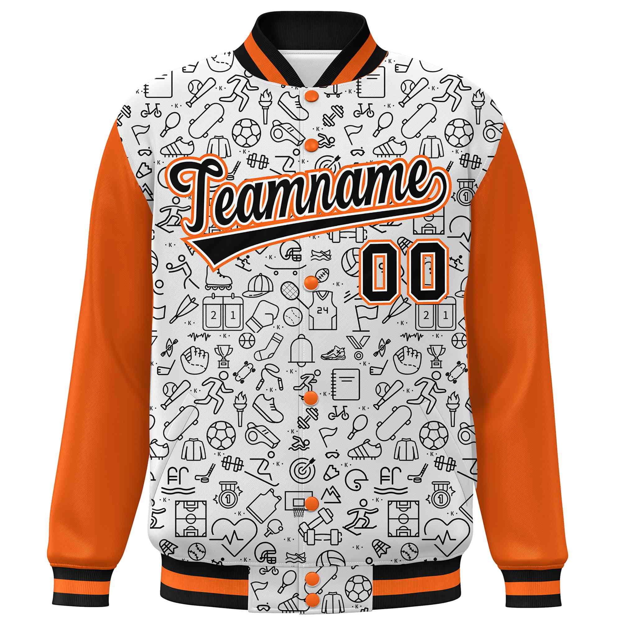 Custom White Orange-Black Line Graffiti Pattern Varsity Raglan Sleeves Letterman Baseball Jacket