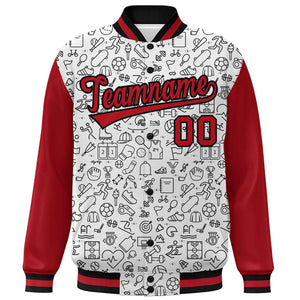 Custom White Red-Black Line Graffiti Pattern Varsity Raglan Sleeves Letterman Baseball Jacket