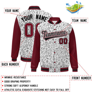 Custom White Crimson-Black Line Graffiti Pattern Varsity Raglan Sleeves Letterman Baseball Jacket