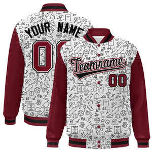 Custom White Crimson-Black Line Graffiti Pattern Varsity Raglan Sleeves Letterman Baseball Jacket