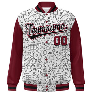 Custom White Crimson-Black Line Graffiti Pattern Varsity Raglan Sleeves Letterman Baseball Jacket