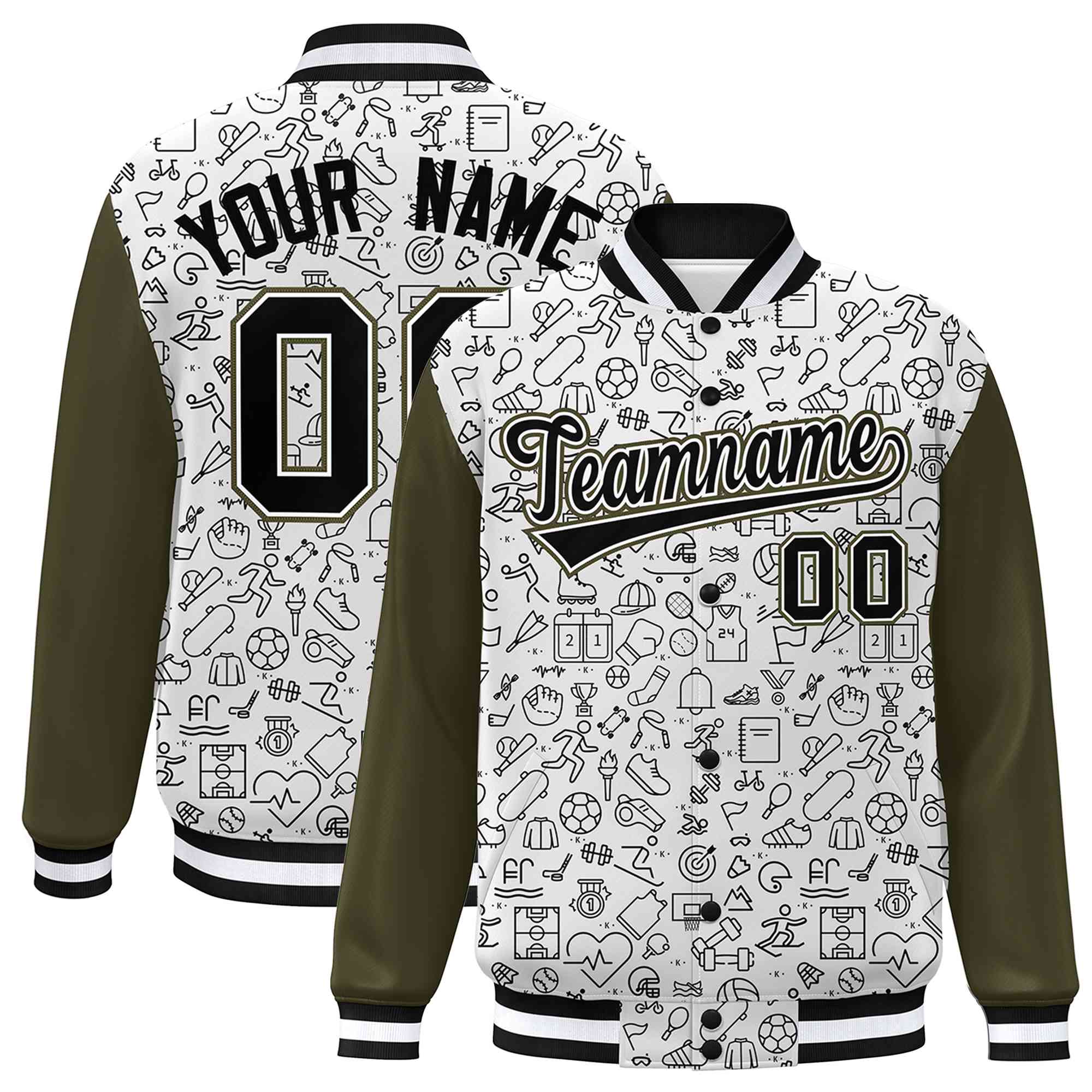 Custom White Olive-Black Line Graffiti Pattern Varsity Raglan Sleeves Letterman Baseball Jacket