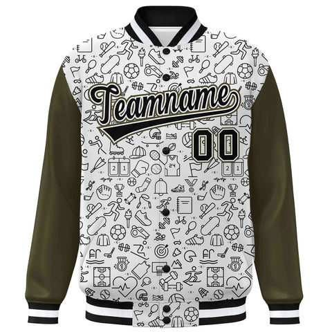 Custom White Olive-Black Line Graffiti Pattern Varsity Raglan Sleeves Letterman Baseball Jacket