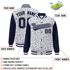 Custom White Navy Line Graffiti Pattern Varsity Raglan Sleeves Letterman Baseball Jacket