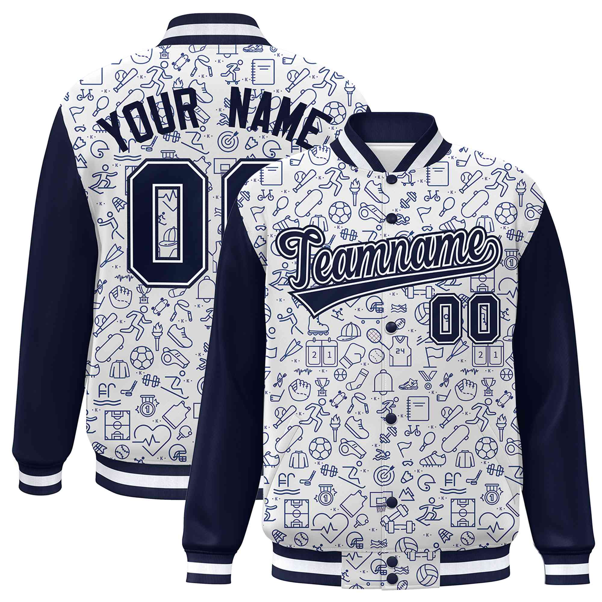 Custom White Navy Line Graffiti Pattern Varsity Raglan Sleeves Letterman Baseball Jacket