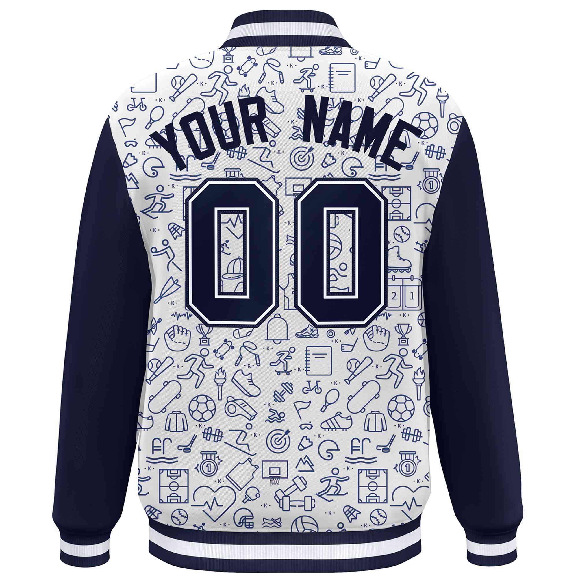 Custom White Navy Line Graffiti Pattern Varsity Raglan Sleeves Letterman Baseball Jacket