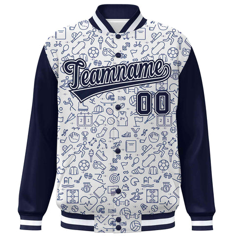 Custom White Navy Line Graffiti Pattern Varsity Raglan Sleeves Letterman Baseball Jacket