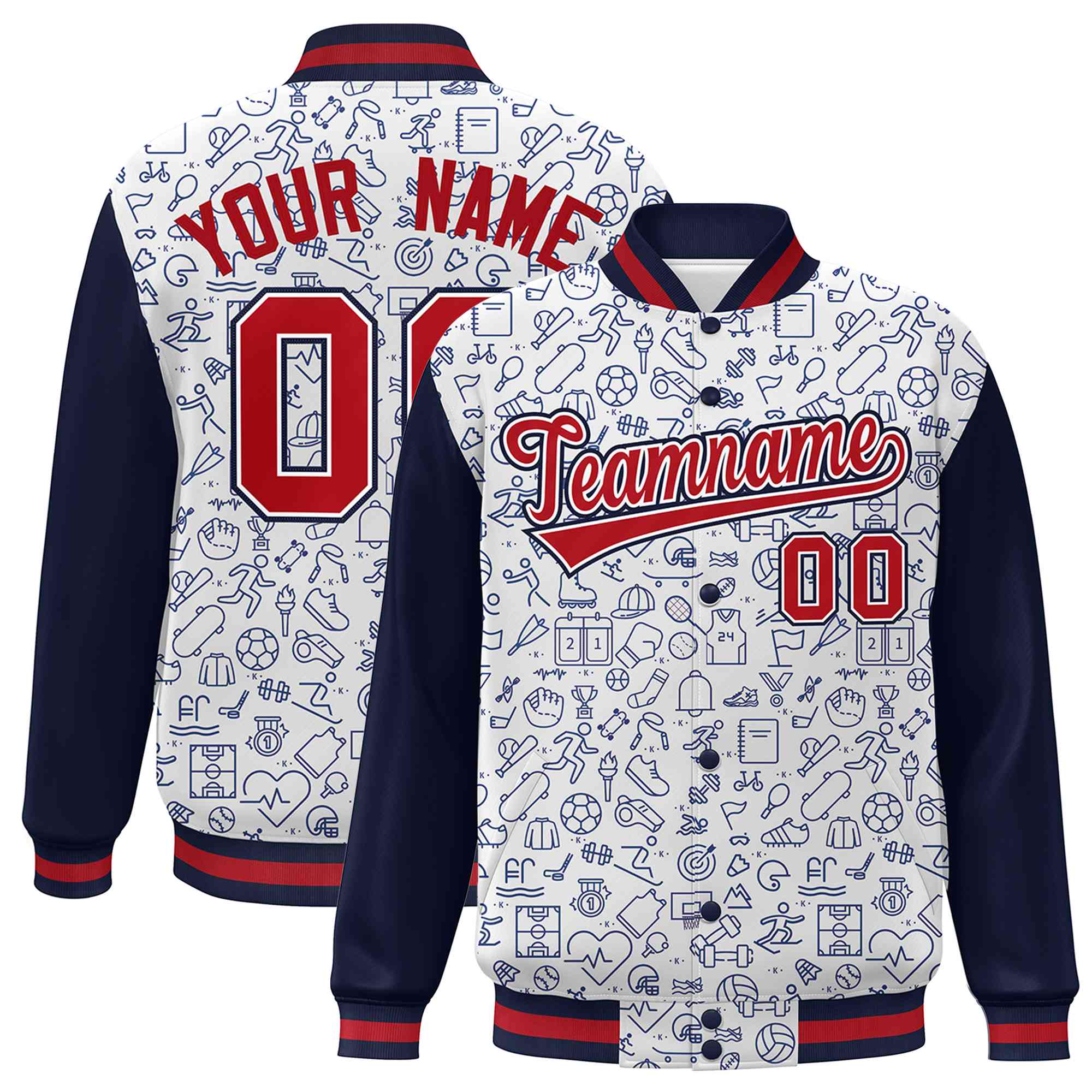 Custom White Navy-Red Line Graffiti Pattern Varsity Raglan Sleeves Letterman Baseball Jacket