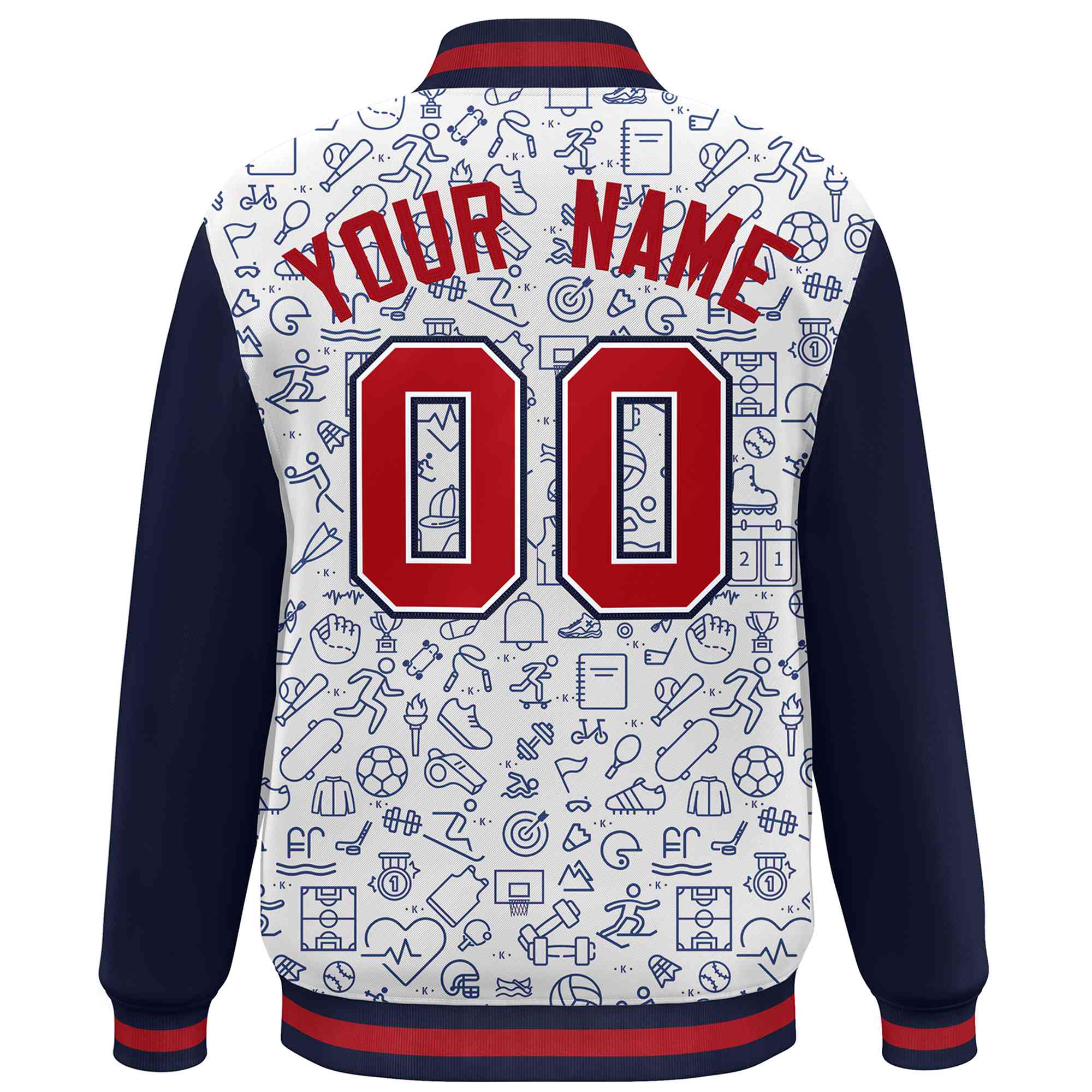 Custom White Navy-Red Line Graffiti Pattern Varsity Raglan Sleeves Letterman Baseball Jacket