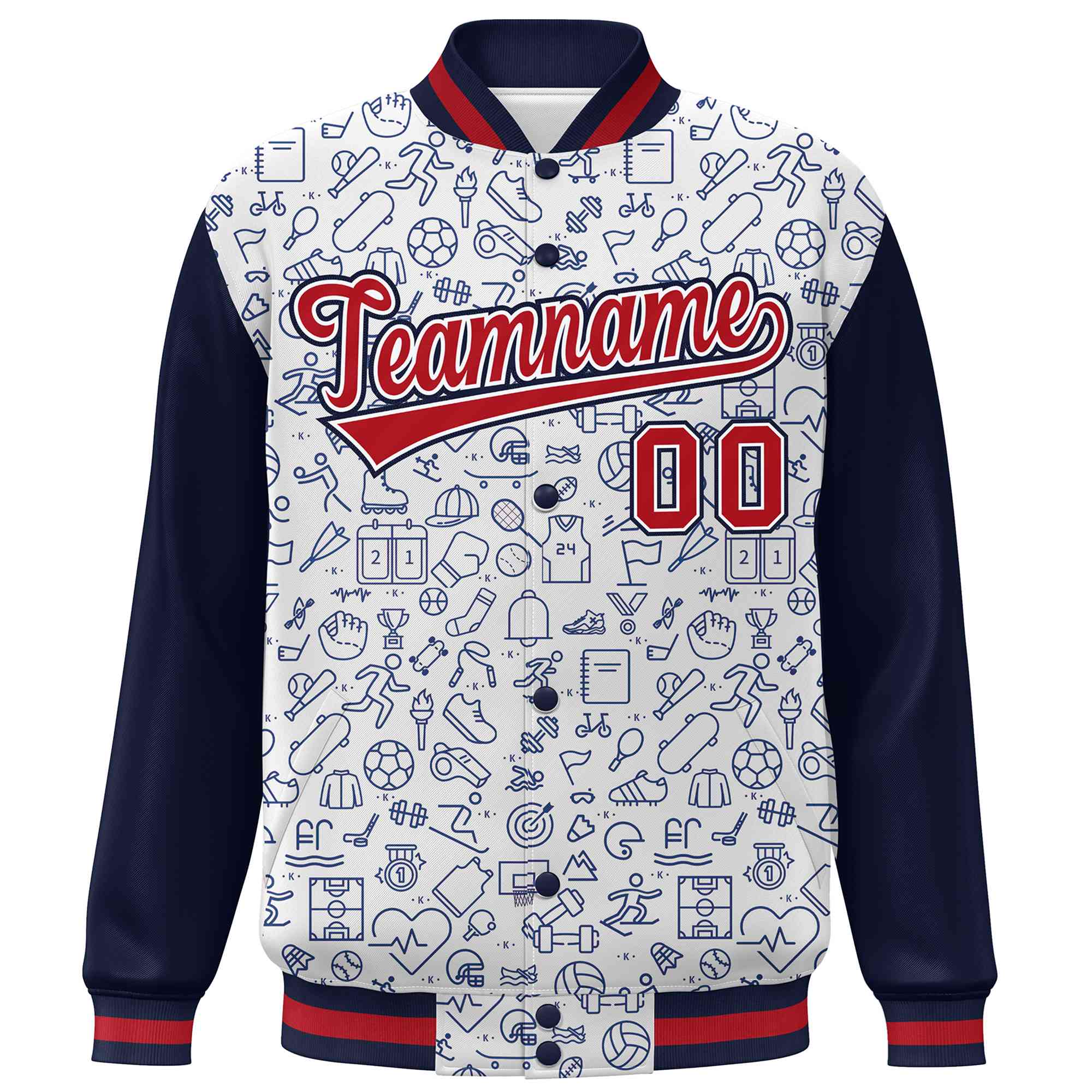 Custom White Navy-Red Line Graffiti Pattern Varsity Raglan Sleeves Letterman Baseball Jacket