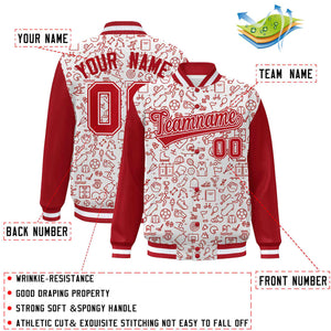 Custom White Red Line Graffiti Pattern Varsity Raglan Sleeves Letterman Baseball Jacket