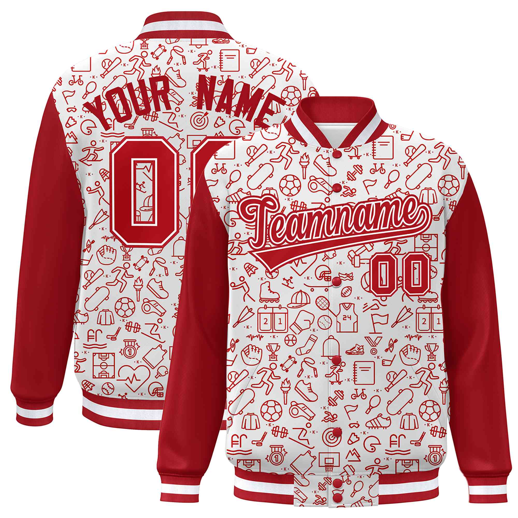 Custom White Red Line Graffiti Pattern Varsity Raglan Sleeves Letterman Baseball Jacket