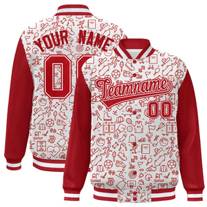 Custom White Red Line Graffiti Pattern Varsity Raglan Sleeves Letterman Baseball Jacket