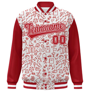 Custom White Red Line Graffiti Pattern Varsity Raglan Sleeves Letterman Baseball Jacket