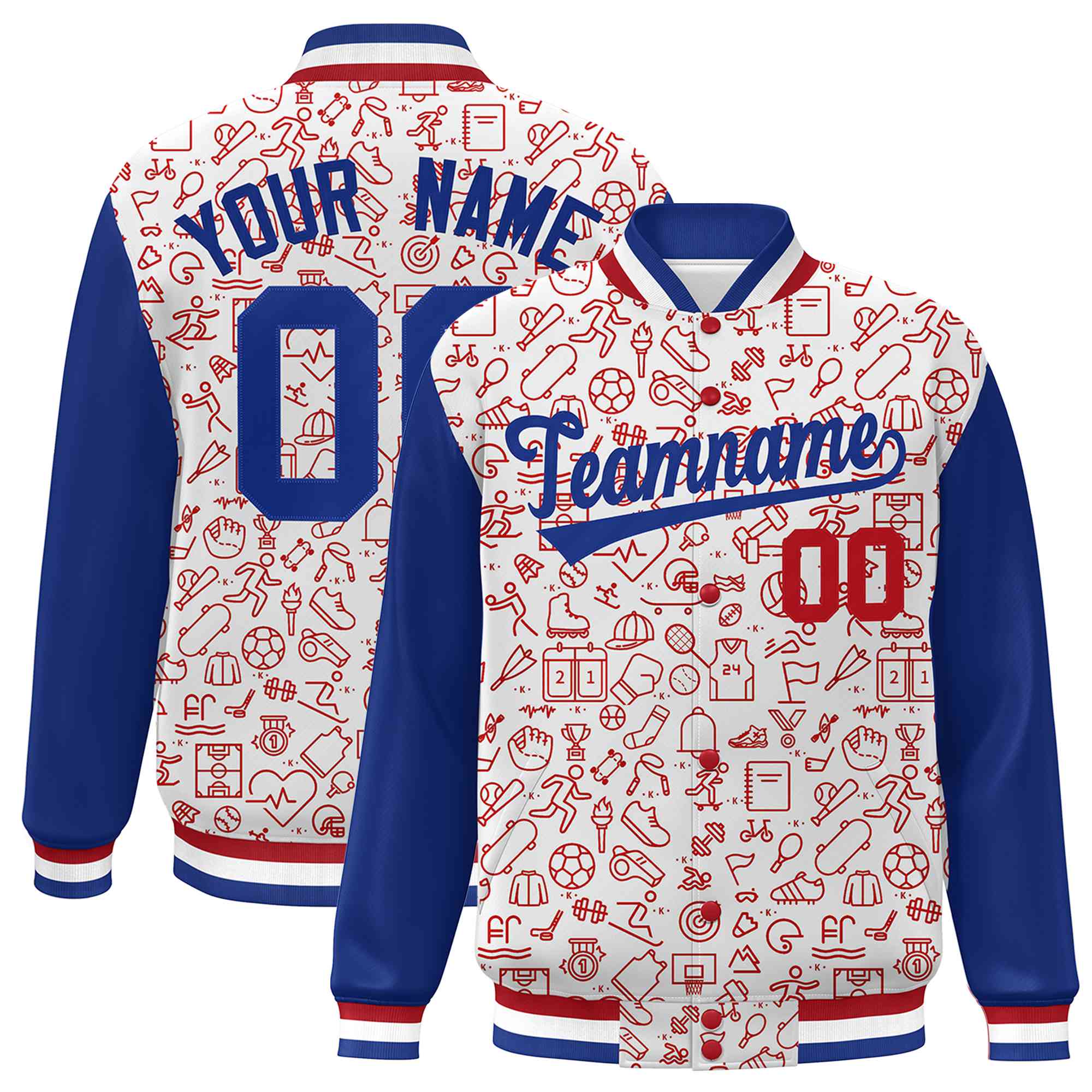 Custom White Royal-Red Line Graffiti Pattern Varsity Raglan Sleeves Letterman Baseball Jacket