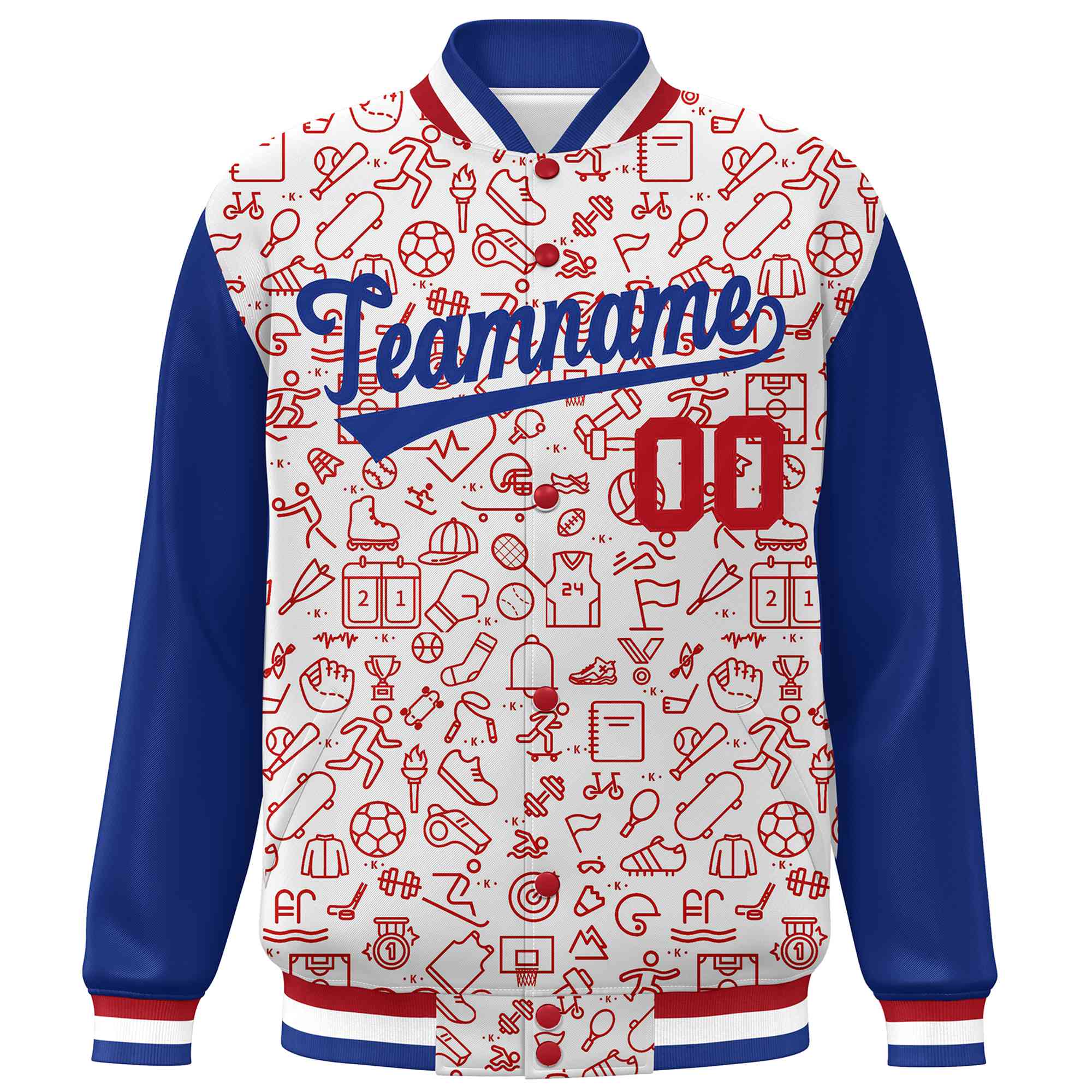 Custom White Royal-Red Line Graffiti Pattern Varsity Raglan Sleeves Letterman Baseball Jacket