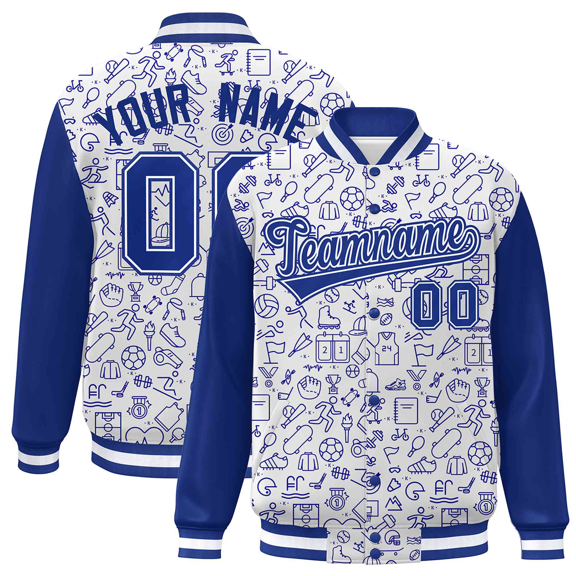 Custom White Royal Line Graffiti Pattern Varsity Raglan Sleeves Letterman Baseball Jacket