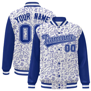 Custom White Royal Line Graffiti Pattern Varsity Raglan Sleeves Letterman Baseball Jacket