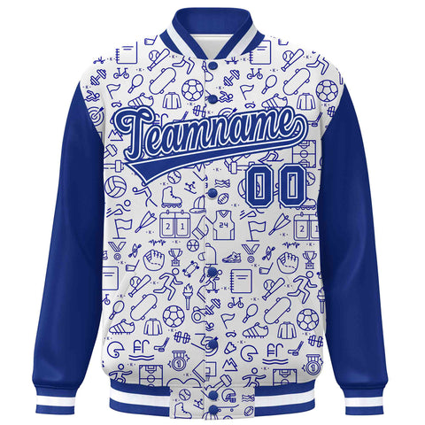 Custom White Royal Line Graffiti Pattern Varsity Raglan Sleeves Letterman Baseball Jacket
