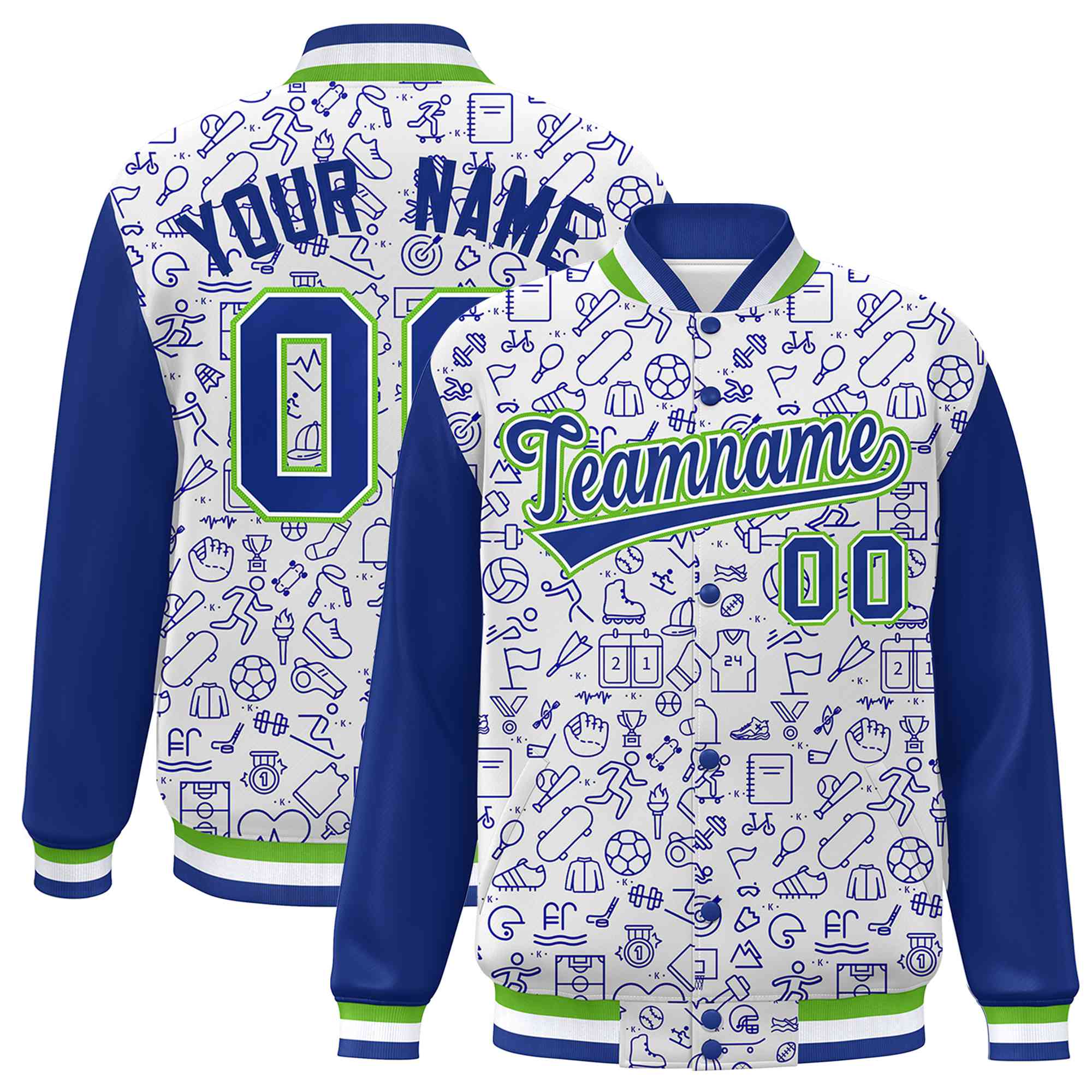 Custom White Royal Line Graffiti Pattern Varsity Raglan Sleeves Letterman Baseball Jacket