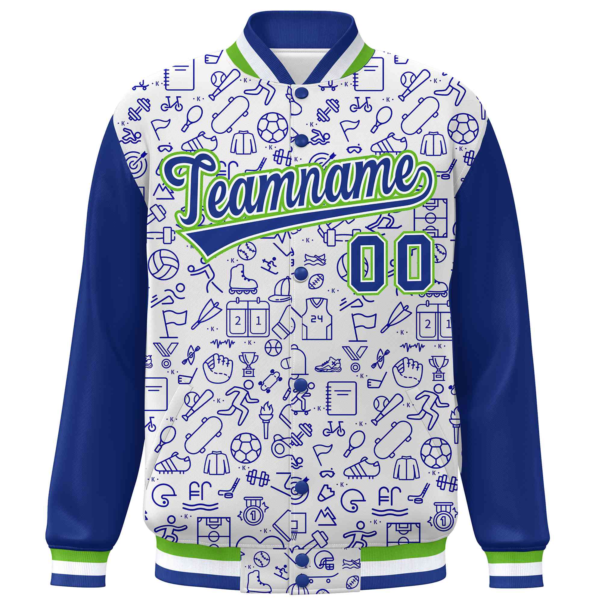 Custom White Royal Line Graffiti Pattern Varsity Raglan Sleeves Letterman Baseball Jacket