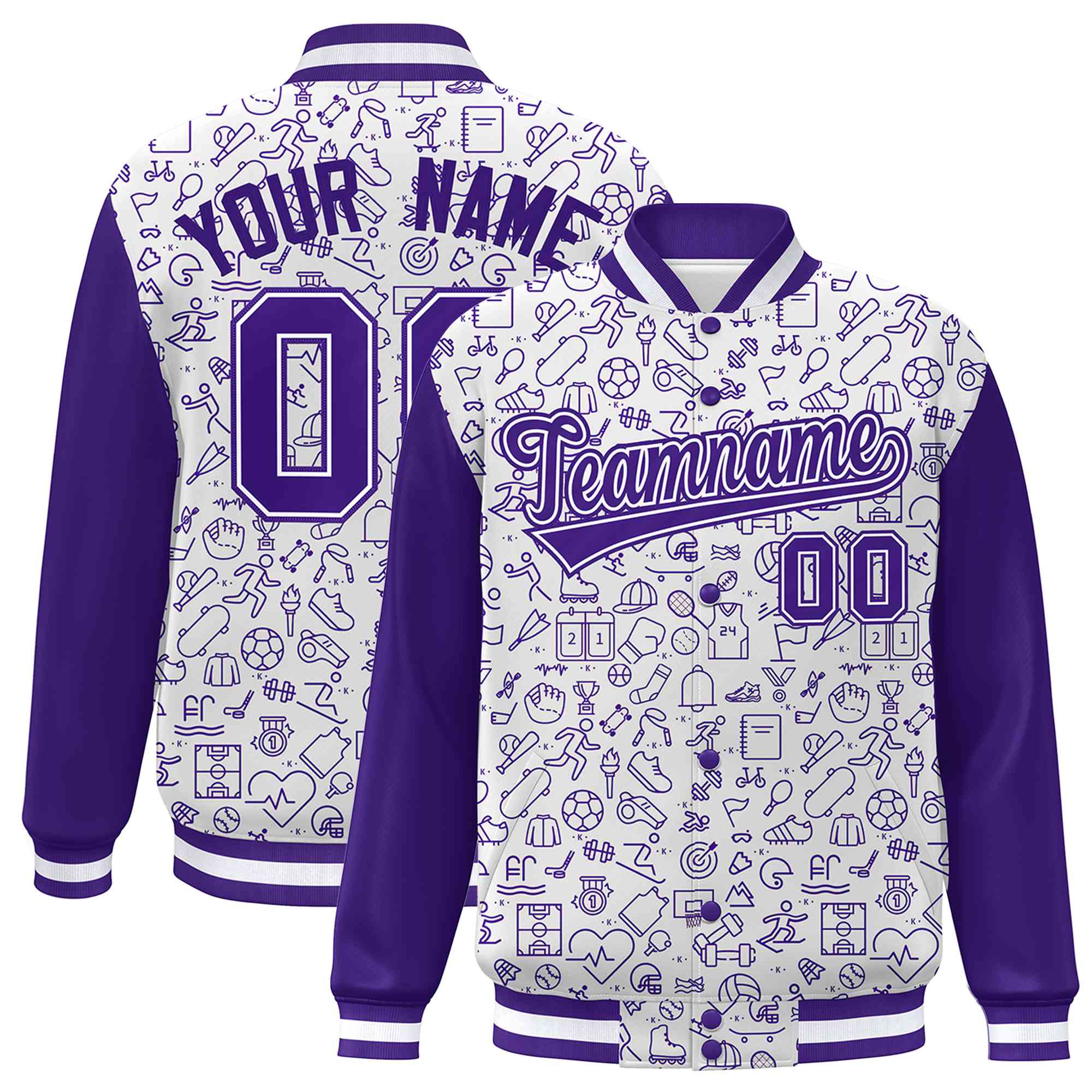 Custom White Purple Line Graffiti Pattern Varsity Raglan Sleeves Letterman Baseball Jacket