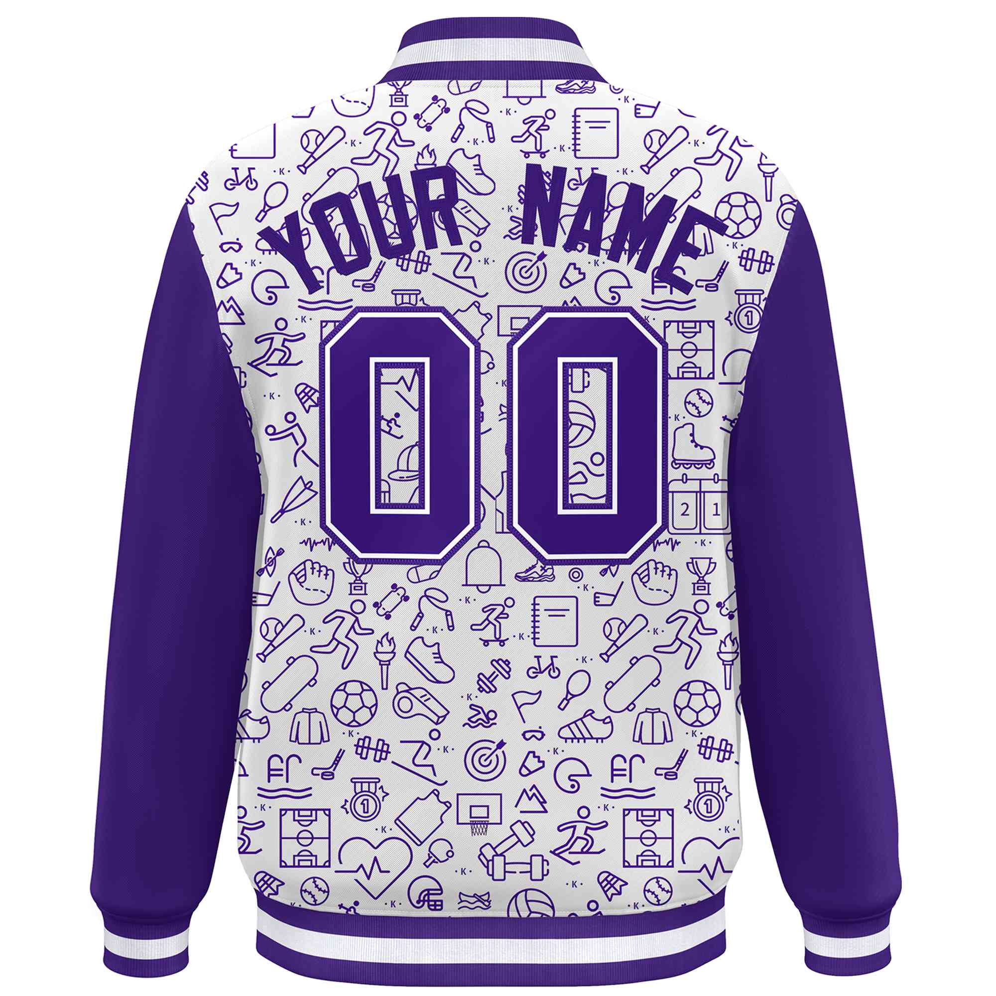 Custom White Purple Line Graffiti Pattern Varsity Raglan Sleeves Letterman Baseball Jacket