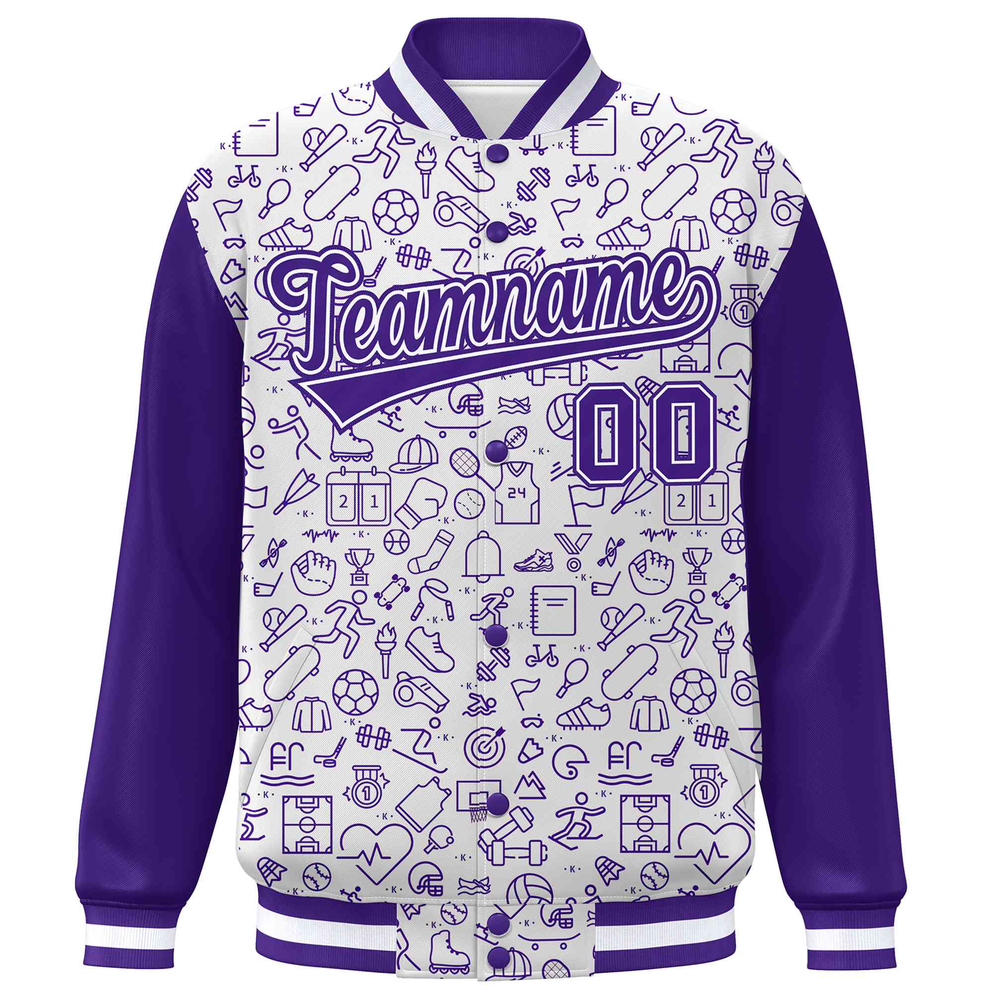 Custom White Purple Line Graffiti Pattern Varsity Raglan Sleeves Letterman Baseball Jacket