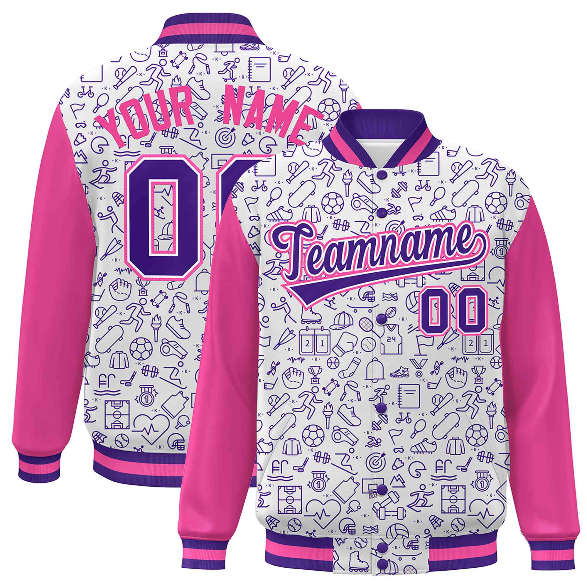 Custom White Pink-Purple Line Graffiti Pattern Varsity Raglan Sleeves Letterman Baseball Jacket