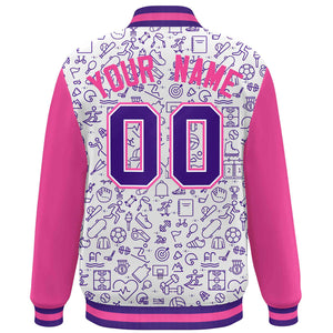 Custom White Pink-Purple Line Graffiti Pattern Varsity Raglan Sleeves Letterman Baseball Jacket