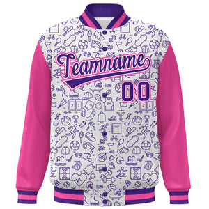 Custom White Pink-Purple Line Graffiti Pattern Varsity Raglan Sleeves Letterman Baseball Jacket