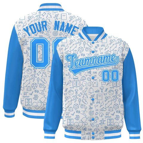 Custom White Powder Blue Line Graffiti Pattern Varsity Raglan Sleeves Letterman Baseball Jacket