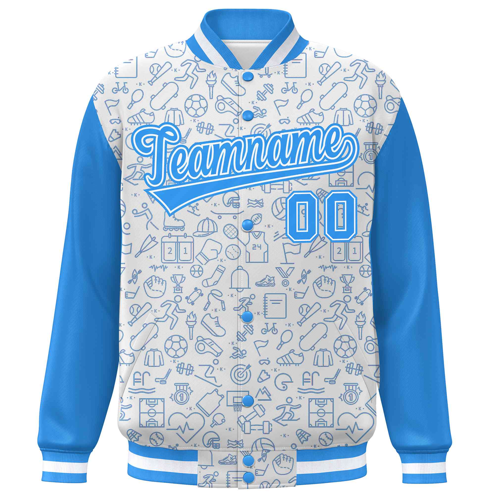 Custom White Powder Blue Line Graffiti Pattern Varsity Raglan Sleeves Letterman Baseball Jacket